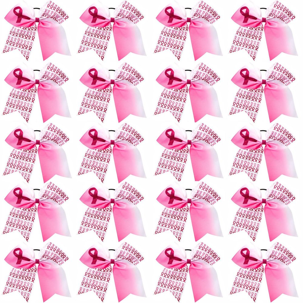 20 Pieces 7 Inch Breast Cancer Awareness Cheer Hair Bows Ponytail Holder Large Glitter Pink Ribbon Hair Bows Accessories Elastic Band Handmade for Teens Women