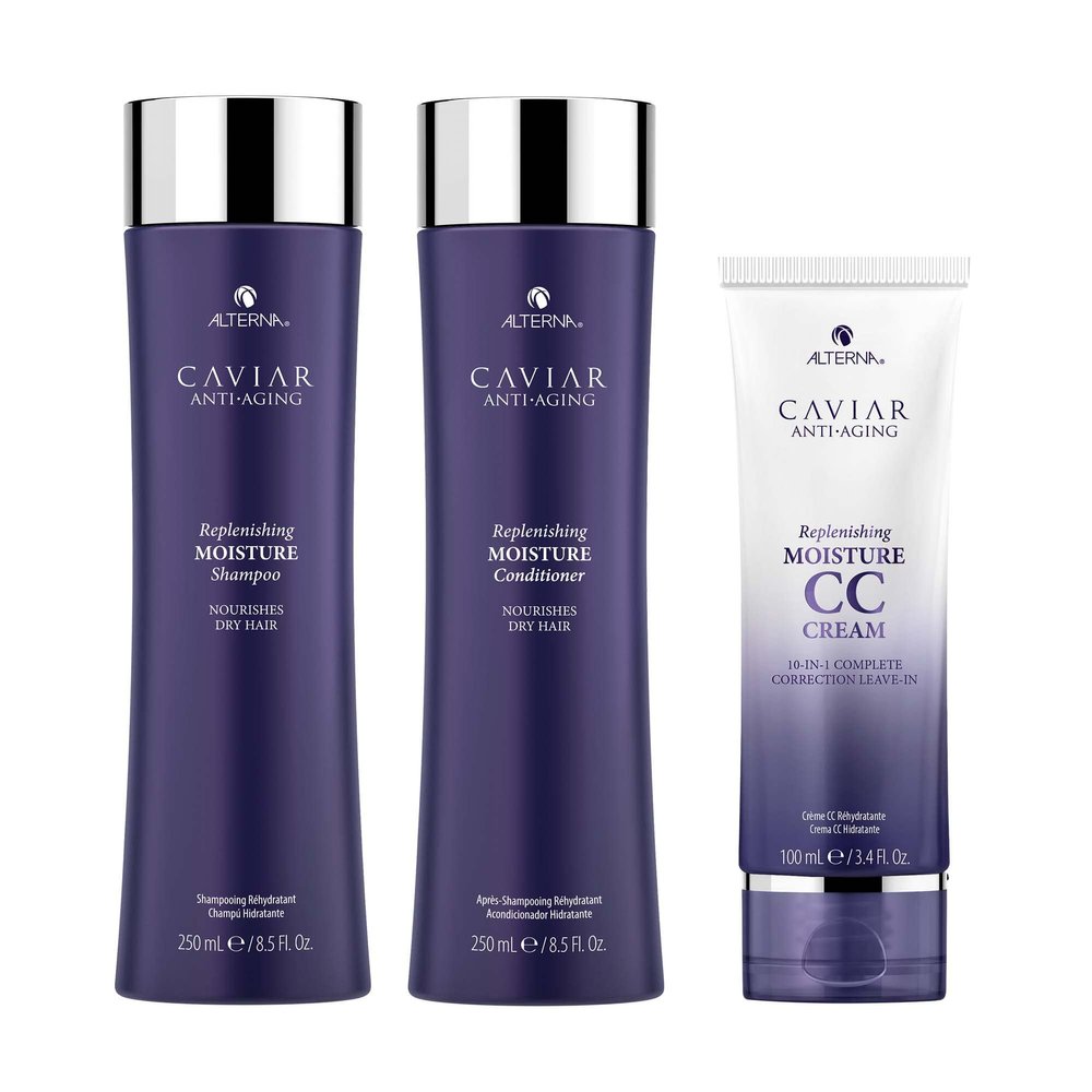 Alterna Haircare CAVIAR Anti-Aging Replenishing Moisture Shampoo, Conditioner, CC Cream Regimen Starter Set | Protects, Restores and Hydrates | Sulfate Free