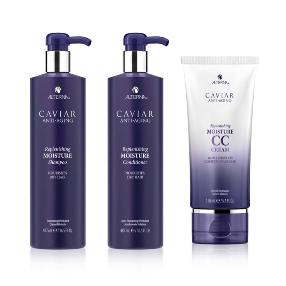 Alterna Haircare CAVIAR Anti-Aging Replenishing Moisture Shampoo, Conditioner, CC Cream Regimen Jumbo Set | Protects, Restores and Hydrates | Sulfate Free