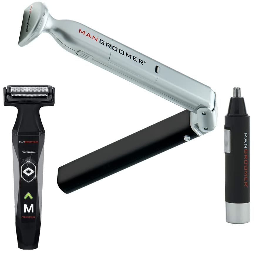 The Super Stud 3 Product Bundle by MANGROOMER  Bundle Includes The Essential Back Hair Shaver, Professional Body Groomer and Ball Groomer and The Professional Nose and Ear Hair Trimmer
