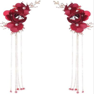 YQBUER Chinese Red Rose Flower Tassel Hair Pins Crystal Bridal Hairpins Headpiece Bride Wedding Hair Jewelry Accessories
