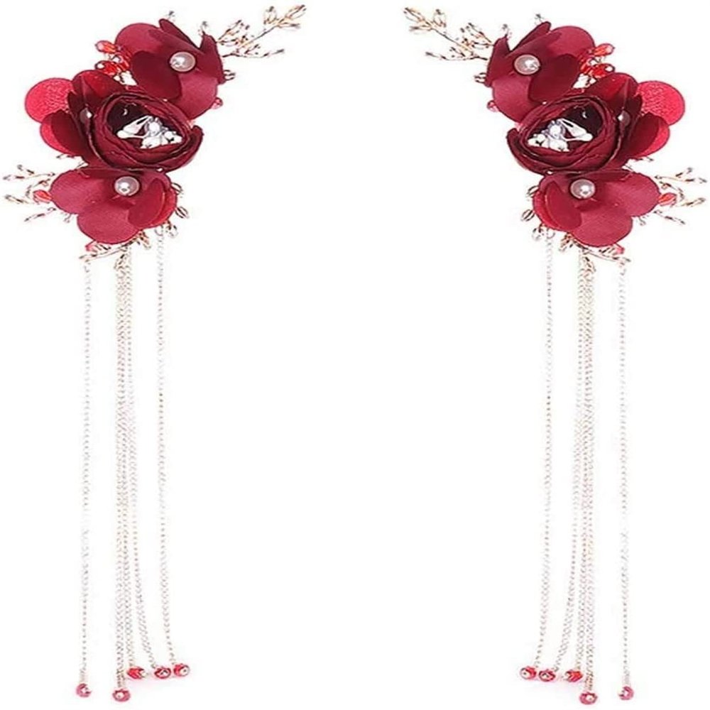 YQBUER Chinese Red Rose Flower Tassel Hair Pins Crystal Bridal Hairpins Headpiece Bride Wedding Hair Jewelry Accessories
