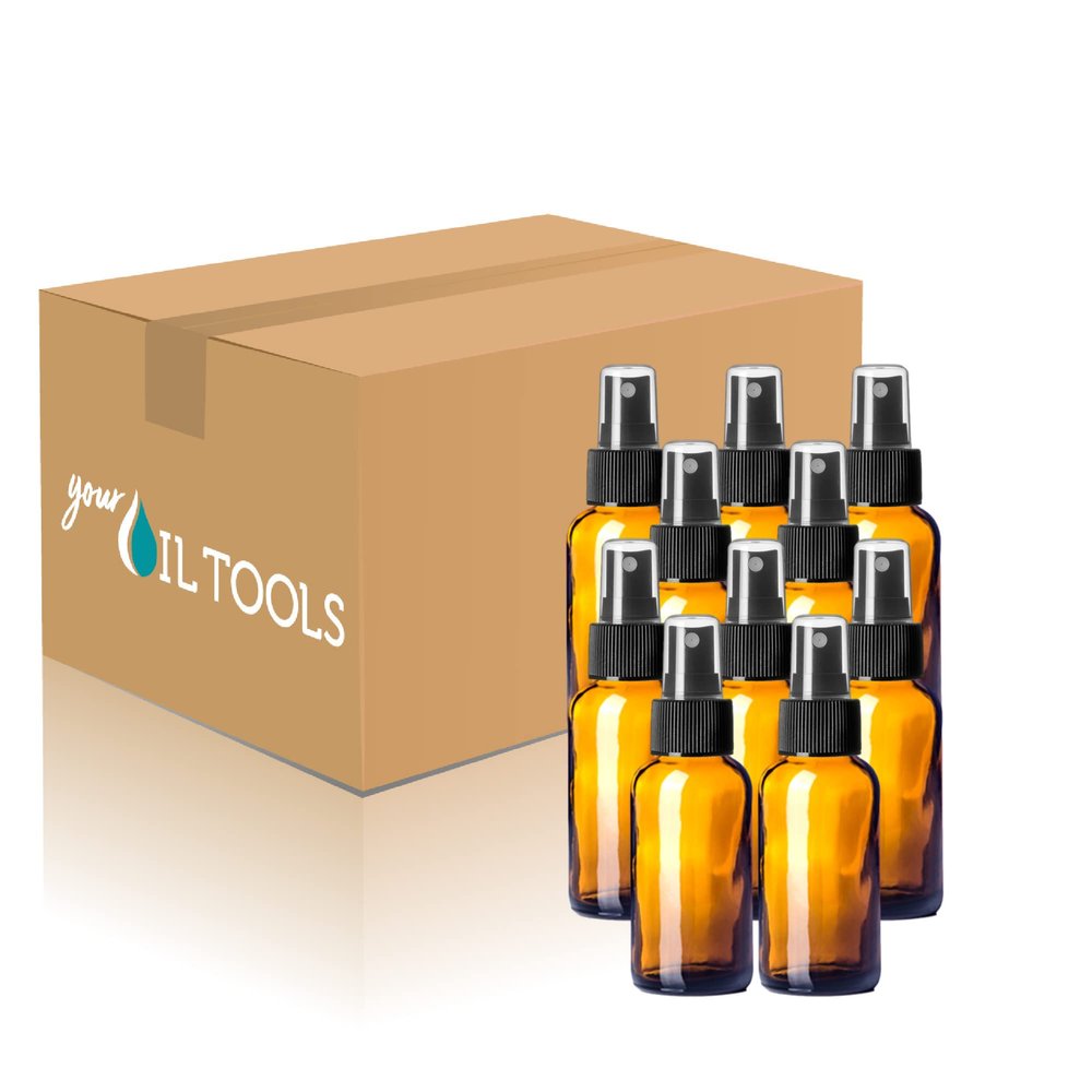1 oz Glass Bottle w/Black Fine Mist Top (48 Bottles, Amber)