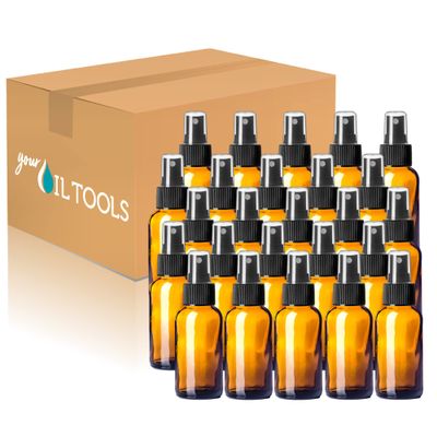 1 oz Glass Bottle w/Black Fine Mist Top (360 Bottles, Amber)