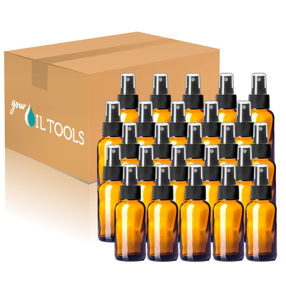 1 oz Glass Bottle w/Black Fine Mist Top (360 Bottles, Amber)