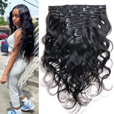 18" Clips in Wavy Hair Extensions Brazilian Body Wave Remy Human Hair Natural Black (#1B)