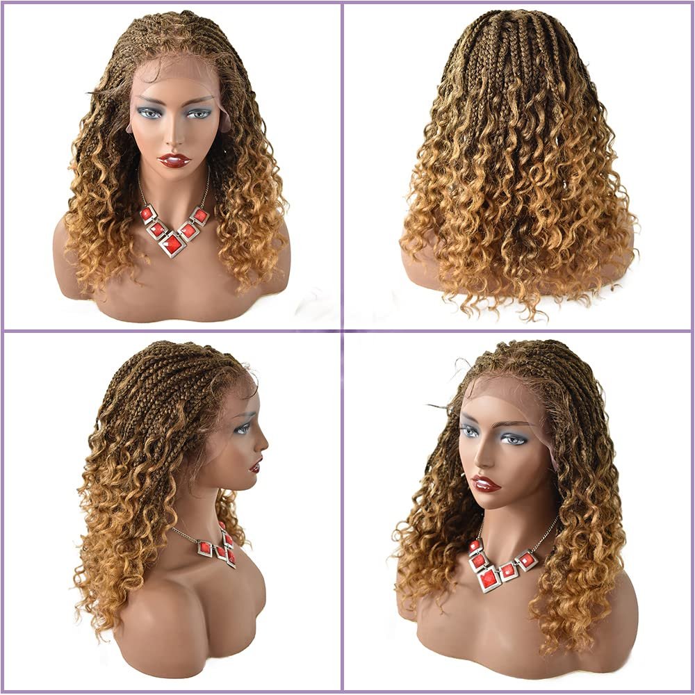 18" Box Braided Wigs for Black Women 4 3/4"x12 1/2" Lace Front Braids with Baby Hair Natural Hairline Curly Wave Ends Glueless Lightweight Synthetic Braid Wig Cornrow (#1B/27T Black Mix Blonde)
