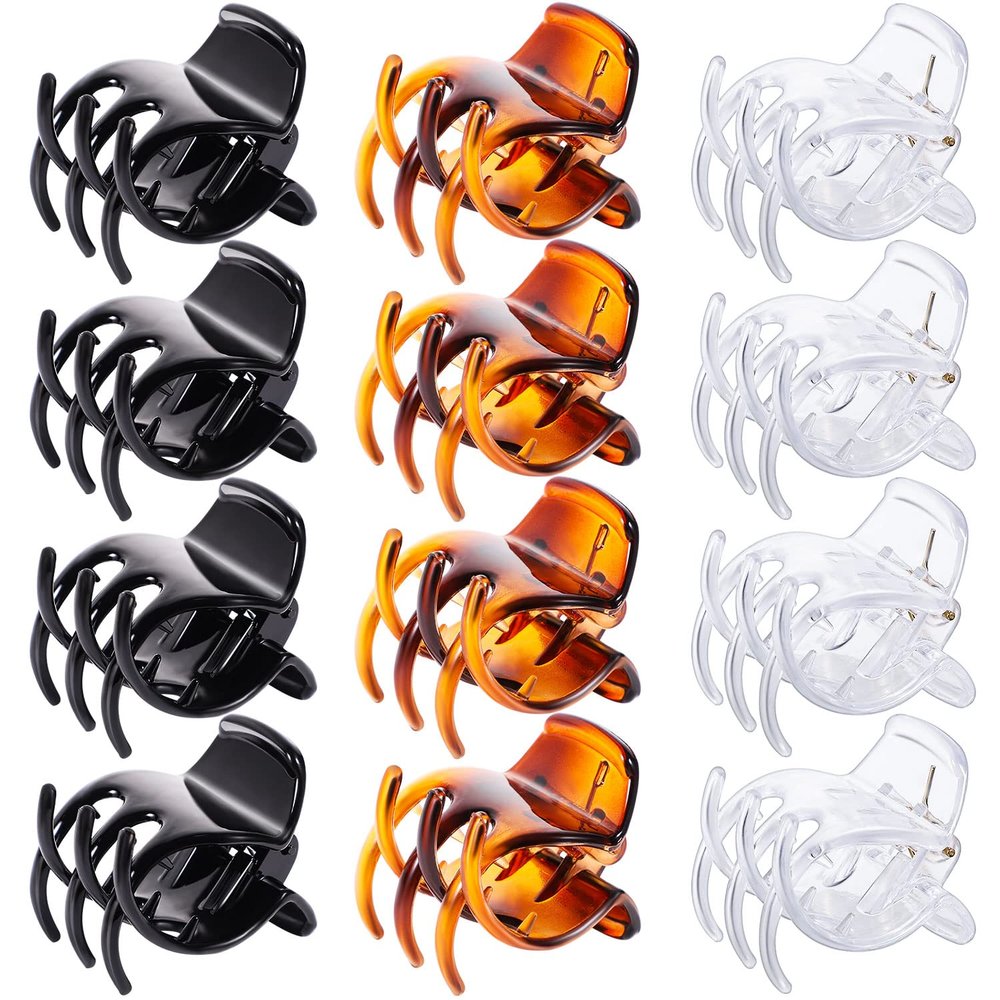 12 Pcs Hair Claw Clips, 1.381.381.57inch Medium No-Slip Grip Jaw Claw Clips for Women & Girls Hair Barrettes Accessories (Black, Brown, Clear)