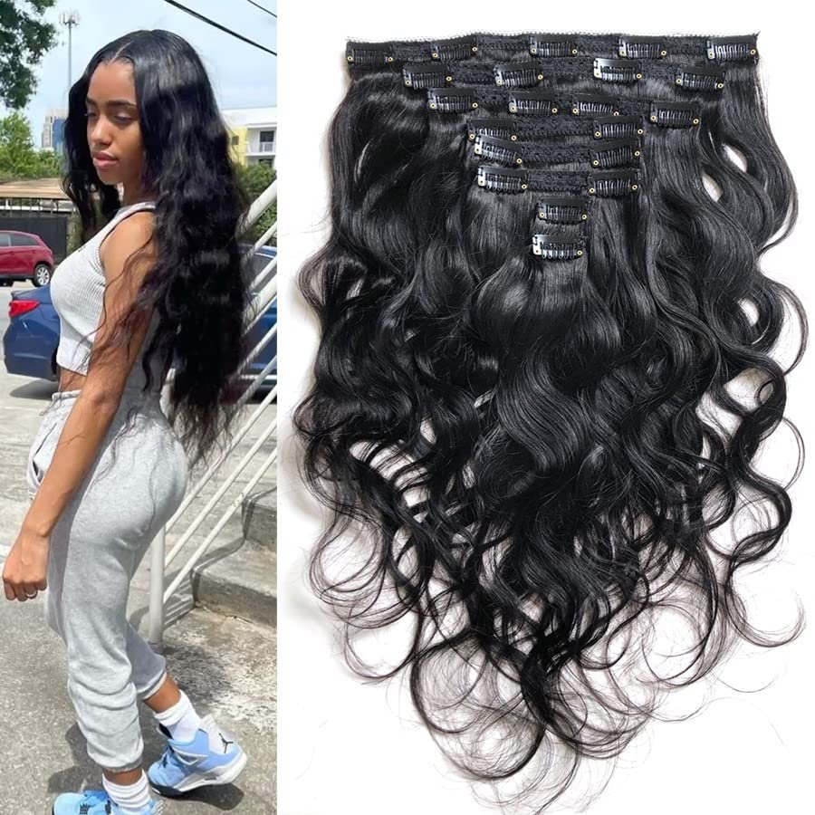 10" Clips in Wavy Hair Extensions Brazilian Body Wave Remy Human Hair Natural Black (#1B)