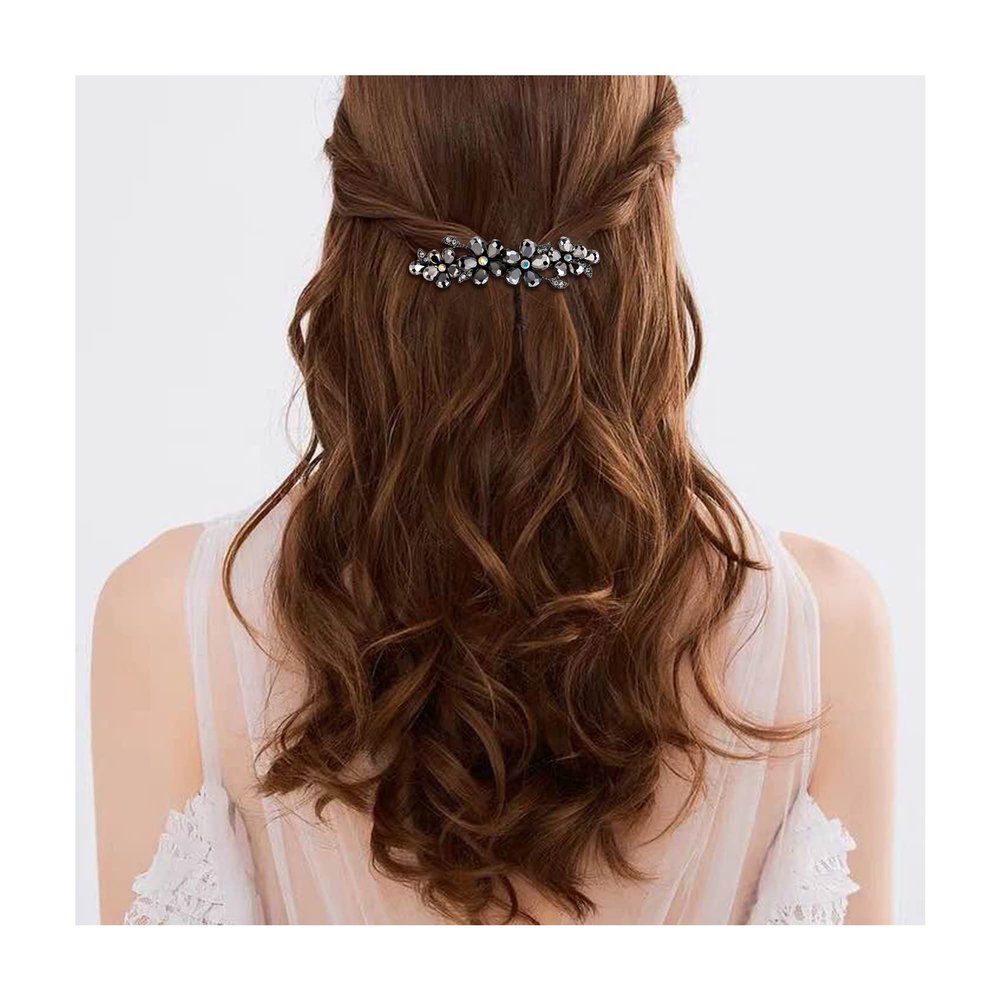 EVER FAITH Women's Austrian Crystal Barrette Clip, Art Deco Plum Blossom Flower Teardrop Hair Clasps Accessorie Black Black-Tone