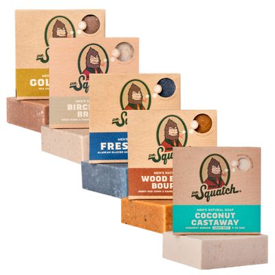 Dr. Squatch Natural Bar Soap for Men - Cold Process Soap with No Harsh Chemicals - Coconut Castaway, Wood Barrel Bourbon, Fresh Falls, Birchwood Breeze & Gold Moss (5 oz, 5-Pack)