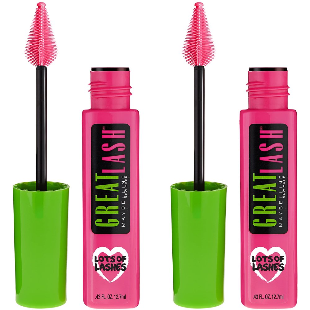 Maybelline Great Lash Lots Of Lashes Washable Mascara, Volumizing, Thickening and Curling Mascara, Blackest Black, 2 Count
