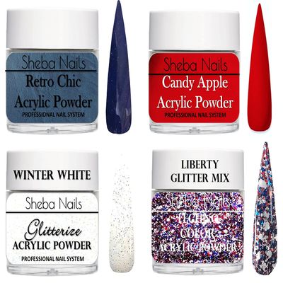 SHEBA NAILS Glitter Dip Powder Patriotic Nail Art Variety Kit- 1/4 oz Jar Each Candy Apple Red, Navy, Glitterize Winter White, & Liberty Custom Glitter Mix