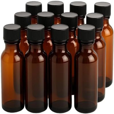 12 Pack (2 oz) 60ml Essential Oil Amber Glass Bottles - Round Boston Empty Refillable Amber Bottle for Many Liquids and Fragrances - CLANRIZA