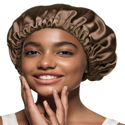 Adjustable Satin Lined Sleeping Cap for Men and Women Reversible Night Hat Brown