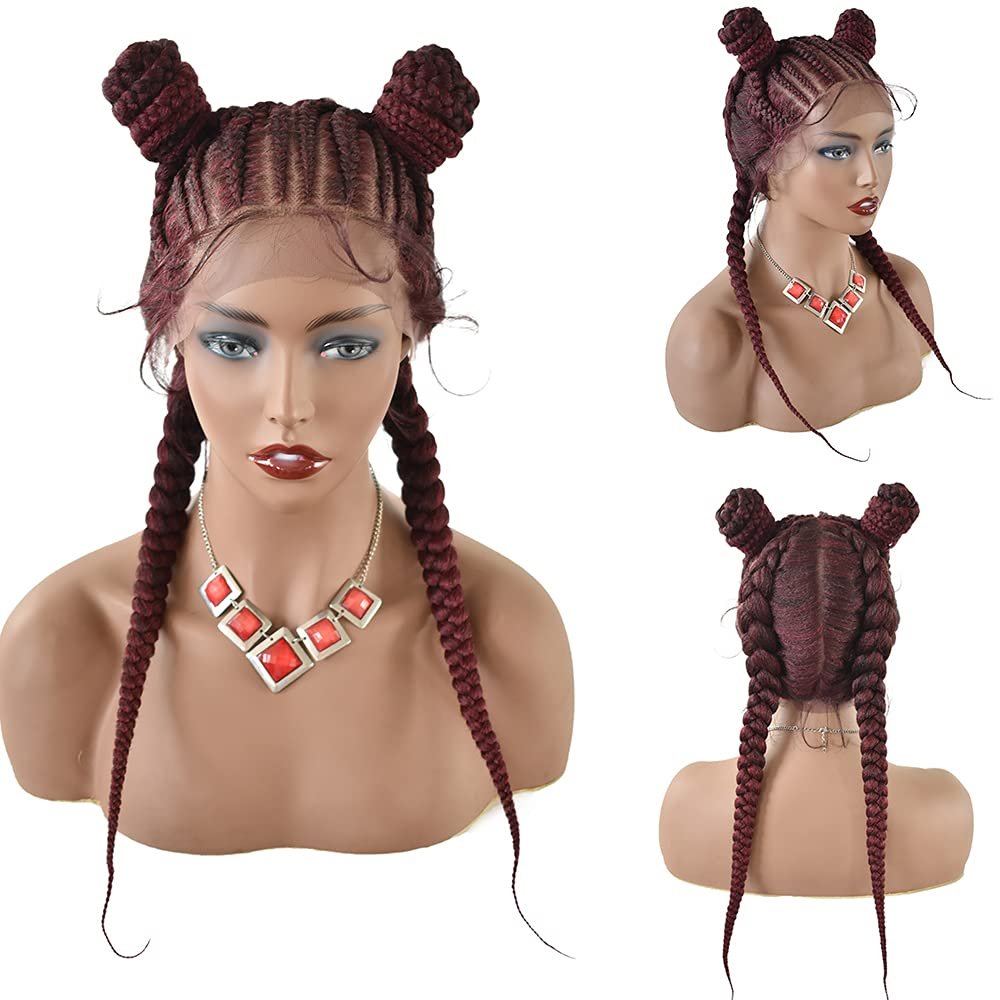 23" Braided Wigs for Black Women with Baby Hair 5"x12" Swiss Lace Front Cornrow Braided Wig with 2Ponytails Updo Hair Bun Lightweight Synthetic Hair Wigs Natural Looking