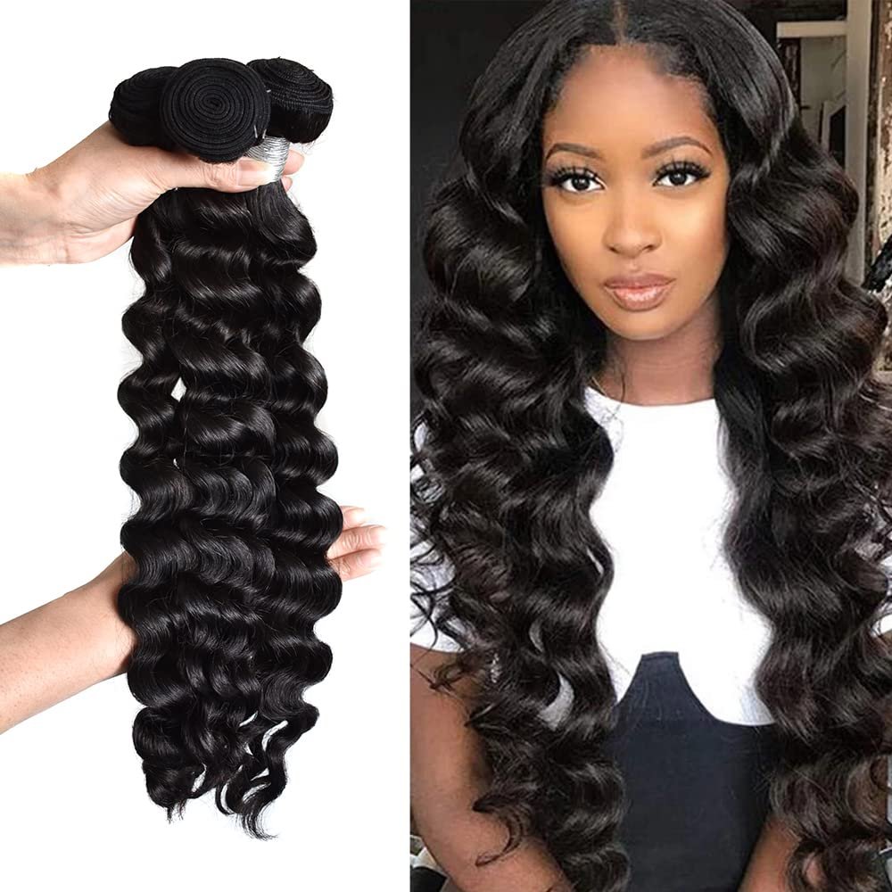 Weft Hair Extensions For Women Human Hair Bundles Sew in Bundles Virgin Human Hair Weft Extensions Unprocessed Brazilian Body Wave Deep Wave Loose Wave Kinky Curly Wave Straight Hair Bundles Natural Blcak Color (18''18''18'', Loose Wave)