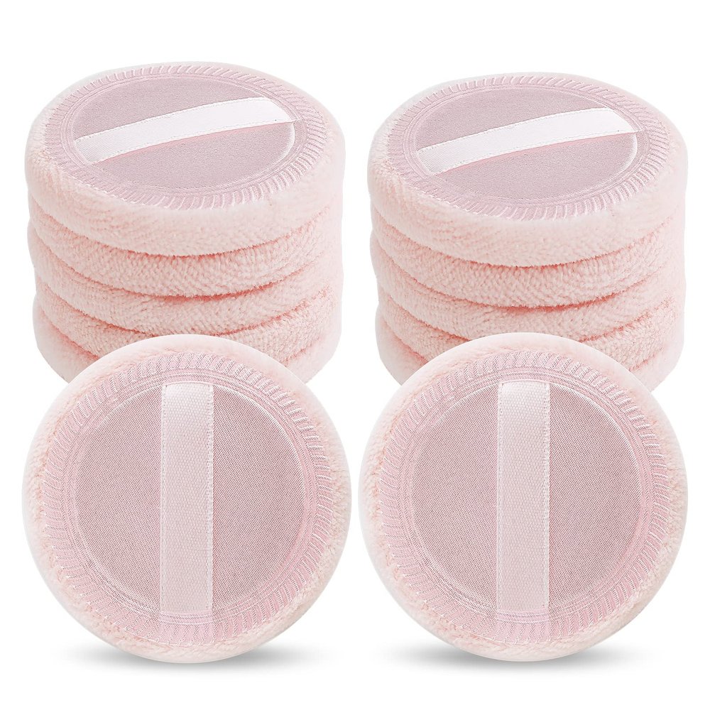 Sibba 12 Pcs Loose Powder Puff Pink Cotton Pads Face Body Makeup Velour with Ribbon Applicators Setting Round Make Up Eyeshadow Concealer Cosmetics Sponge