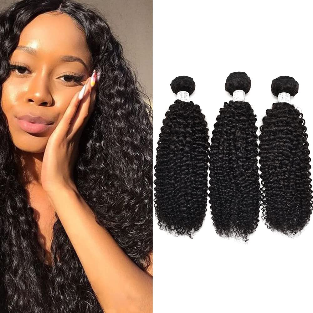 10A Grade Kinky Curly Hair Bundles for Black Women 97g Per Bundle Double Weft Unprocessed Human Hair Bundles Brazilian Remy Virgin Hair Extensions Natural Color for African American Woman Can Be Dyed and Bleached (14/14/14, curly)