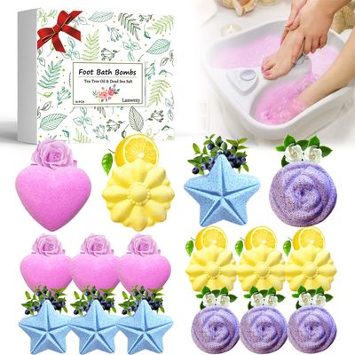 Lanwexy Bath Foot Bombs, 16 Pack Foot Soak with Bath Salt and Tea Tree Oil for Christmas. Organic Natural Handmade Aroma Pure Essential Oil Bubble Feet Balls for Foot Callus, Stubborn Feet Odor Scent.