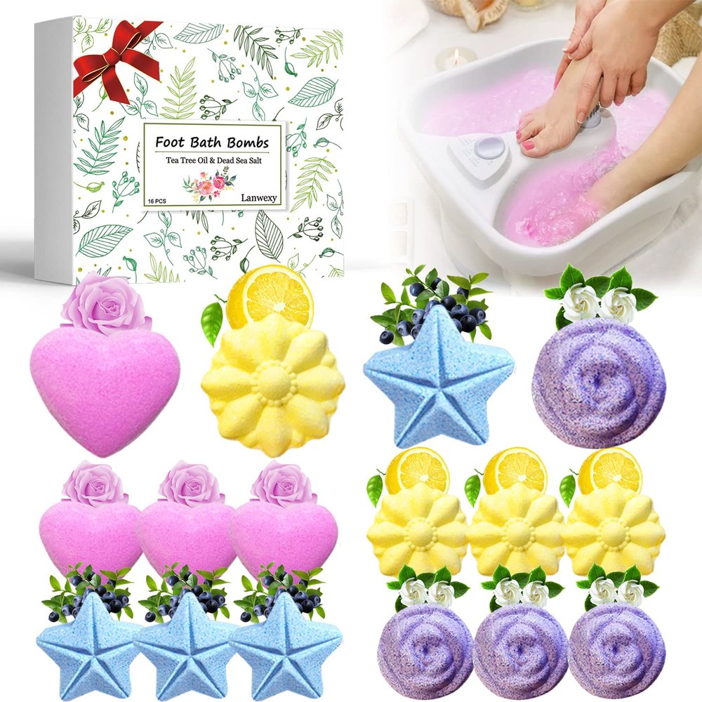 Lanwexy Bath Foot Bombs, 16 Pack Foot Soak with Bath Salt and Tea Tree Oil for Christmas. Organic Natural Handmade Aroma Pure Essential Oil Bubble Feet Balls for Foot Callus, Stubborn Feet Odor Scent.