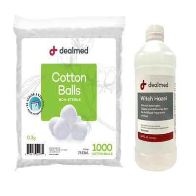 Dealmed Witch Hazel and Cotton Balls Bundle Pack | Witch Hazel Natural Astringent 16 oz. (1 Count) and Cotton Balls with Zip-Locked Bag (1000 Count)