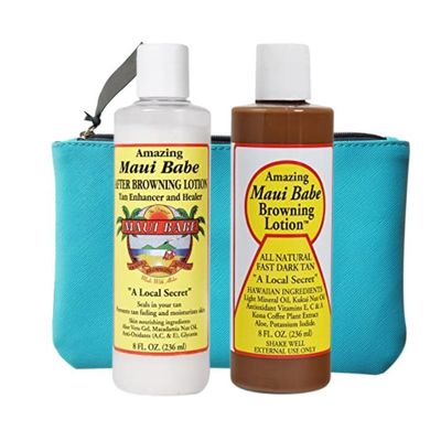 Maui Babe Tanning Lotion Set  8oz Browning & After Sun Lotion with Makeup Bag  Outdoor Sun Tan Enhancer & Moisturizer