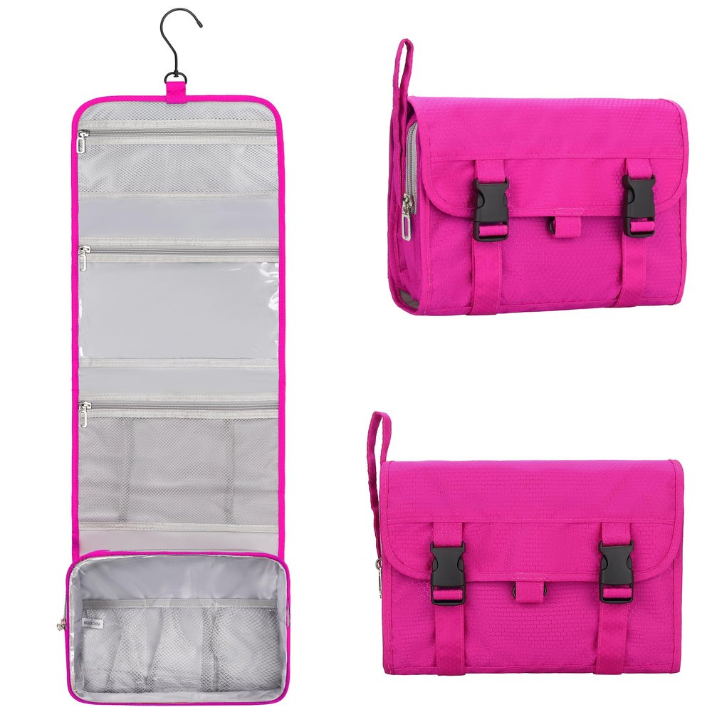 Relavel HangingTravel Toiletry Bag for Women, Large Capacity Toiletries Bag, Travel Essentials Organizer, Hanging Makeup Case for Accessories, Waterproof Bathroom Shower Bag (hot pink)