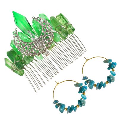 Soulnioi Natural Crystal Green Crystal Pillars Hair Comb Hollow Moon Hairpin and Blue-Green Crystal Gravel Gold Earrings with Golden Beads for Gift