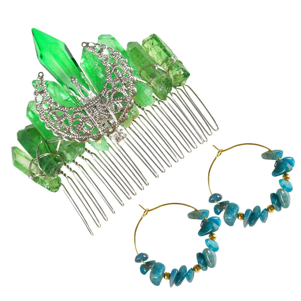 Soulnioi Natural Crystal Green Crystal Pillars Hair Comb Hollow Moon Hairpin and Blue-Green Crystal Gravel Gold Earrings with Golden Beads for Gift