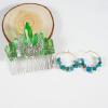 Soulnioi Natural Crystal Green Crystal Pillars Hair Comb Hollow Moon Hairpin and Blue-Green Crystal Gravel Gold Earrings with Golden Beads for Gift view 4