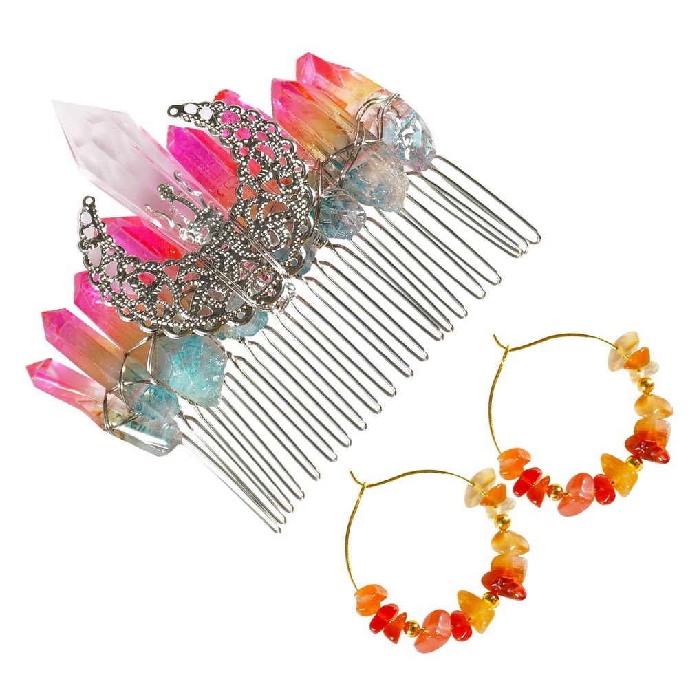 Soulnioi Natural Crystal Pink Green Crystal Pillars Hair Comb Hollow Moon Hairpin and Onyx Crystal Gravel Gold Earrings with Golden Beads for Gift