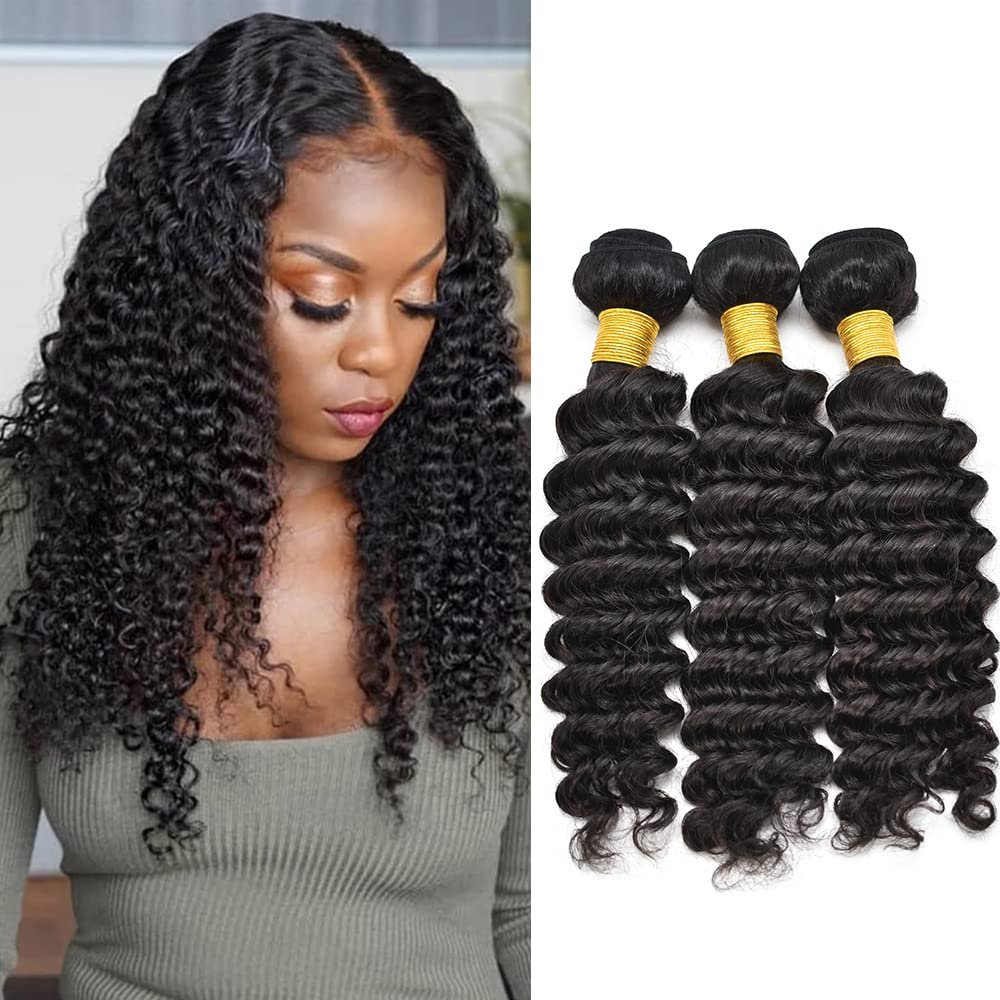10A Grade Brazilian Remy Virgin Hair Bundles for Black Women 97g Per Bundle Double Weft Unprocessed Human Hair Bundles Natural Color for African American Woman Straight Wave Body Wave Loose Wave Deep Wave Curly Hair Can Be Choose (14/14/14, deep wave