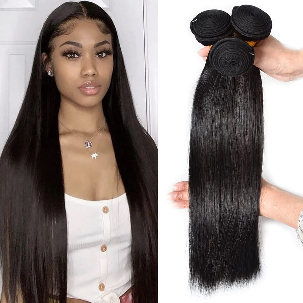 10A Grade Brazilian Remy Virgin Hair Bundles for Black Women 97g Per Bundle Double Weft Unprocessed Human Hair Bundles Natural Color for African American Woman Straight Wave Body Wave Loose Wave Deep Wave Curly Hair Can Be Choose (18/20/22, straight