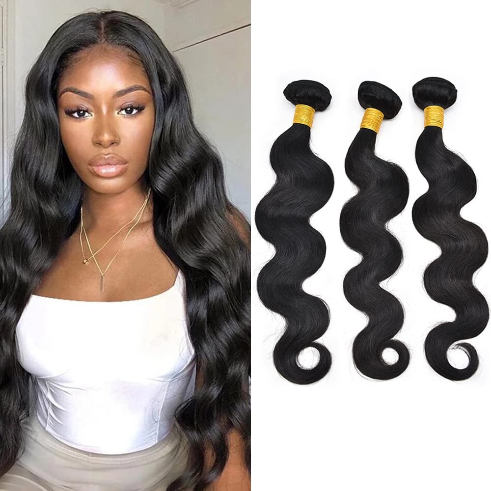 10A Grade Brazilian Remy Virgin Hair Bundles for Black Women 97g Per Bundle Double Weft Unprocessed Human Hair Bundles Natural Color for African American Woman Straight Wave Body Wave Loose Wave Deep Wave Curly Hair Can Be Choose (14/16/18, body wave