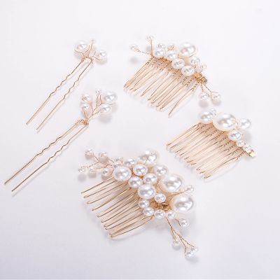 Beusoulover 5pc Gold Pearl Hair Pins & Combs for Women Wedding, Bridesmaid, Flower Girl, U Shaped Bridal Flower Rhinestone Pearl Hair Pins Hair Vine Hair Piece