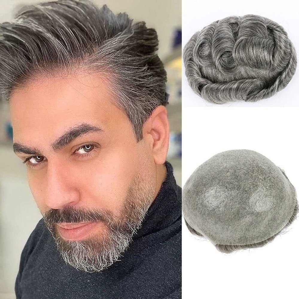 Grey Toupee for Men 8x10 inch Hairpiece for Men 0.08mm Ultra Thin Skin Hair system All V-looped Mens Toupee Hair Replacement with Grey Hair (0.12mm Thickness,#1B20 Off Black with 20% Gray Hair)