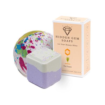 HIDDEN GEM SOAPS November Birthstone Topaz 3 Piece Gift Set All Natural Bar Soap, Bath Bomb, Shower Steamer Made in USA Palm Oil Free