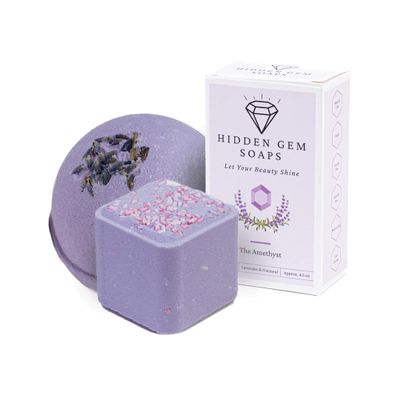HIDDEN GEM SOAPS February Birthstone Amethyst 3 Piece Gift Set All Natural Bar Soap, Bath Bomb, Shower Steamer Made in USA Palm Oil Free