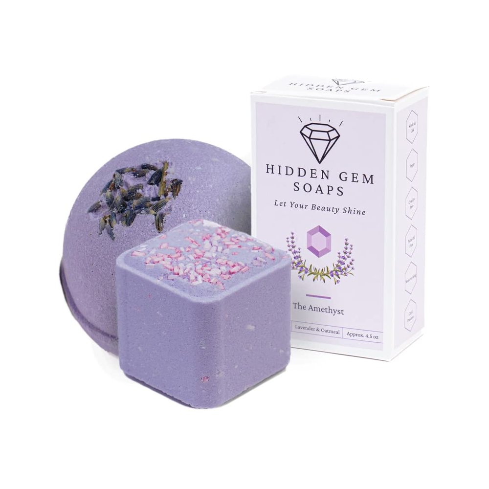 HIDDEN GEM SOAPS February Birthstone Amethyst 3 Piece Gift Set All Natural Bar Soap, Bath Bomb, Shower Steamer Made in USA Palm Oil Free