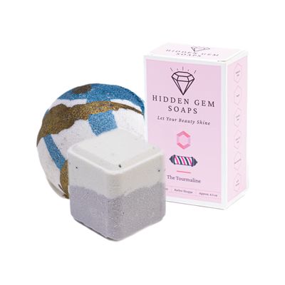 HIDDEN GEM SOAPS October Birthstone Tourmaline 3 Piece Gift Set All Natural Bar Soap, Bath Bomb, Shower Steamer Made in USA Palm Oil Free