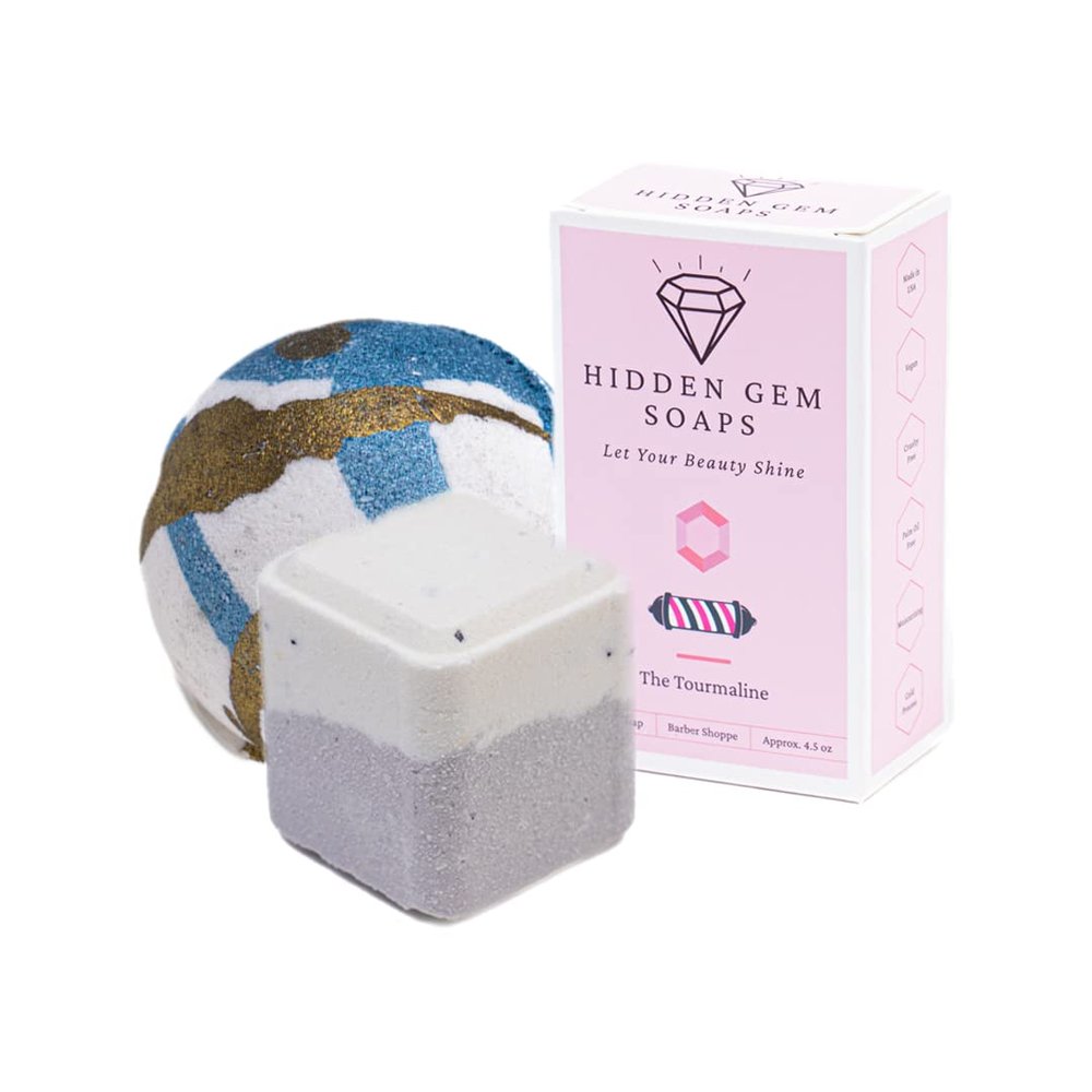 HIDDEN GEM SOAPS October Birthstone Tourmaline 3 Piece Gift Set All Natural Bar Soap, Bath Bomb, Shower Steamer Made in USA Palm Oil Free