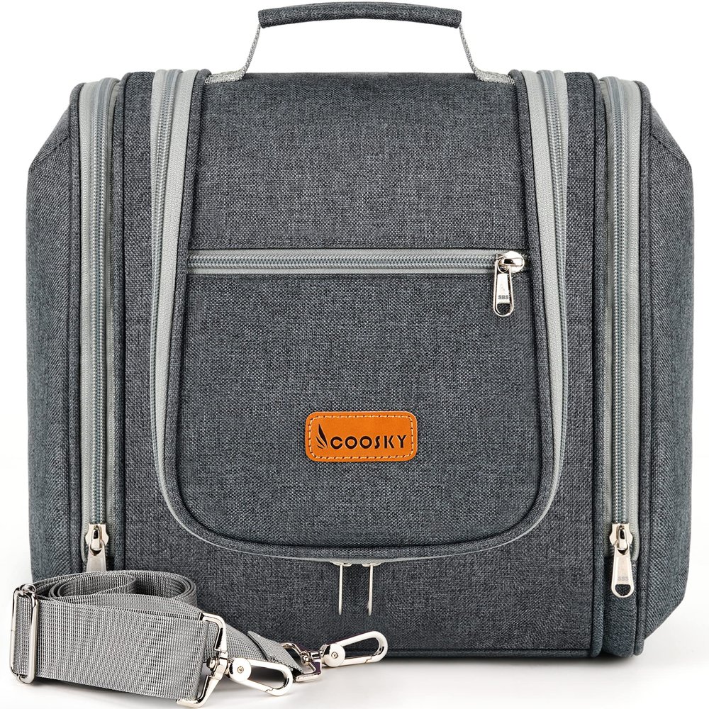 COOSKY Hanging Toiletry Bag for Women & Men, Cruise Ship Travel Essentials, Holds Full Size Shampoo, with Dry and Wet Separation Cosmetic Bag, Makeup Organizer Bag, Bathroom Water-resistant Bag, Grey