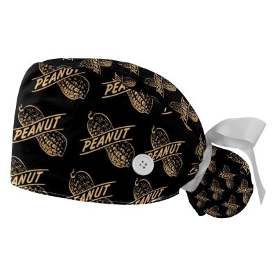 2Pcs Nurse Scrub Caps Women Long Hair, Amazing Cute Peanut Pattern Adjustable Working Cap with Button and Sweatband Multicoloured