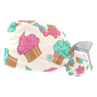 2Pcs Nurse Scrub Caps Women Long Hair, Colorful Cupcakes Pattern Adjustable Working Cap with Button and Sweatband
