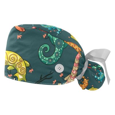2Pcs Nurse Scrub Caps Women Long Hair, Cute Lizards Adjustable Working Cap with Button and Sweatband Multicoloured