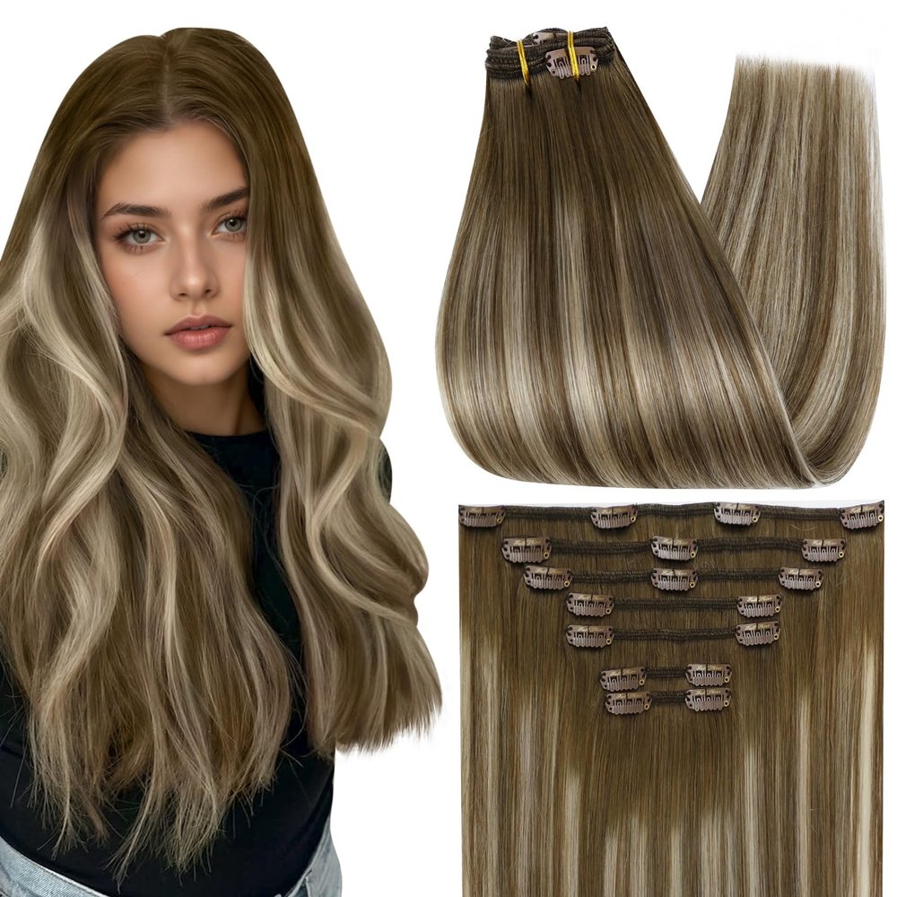 Full Shine Brown Blonde Clip in Hair Extensions Chestnut Brown Ombre Blonde Color 6/60/6 Real Hair Extensions Clip ins 22 Inch Straight Clip in Remy Hair 7 Pcs 120 G