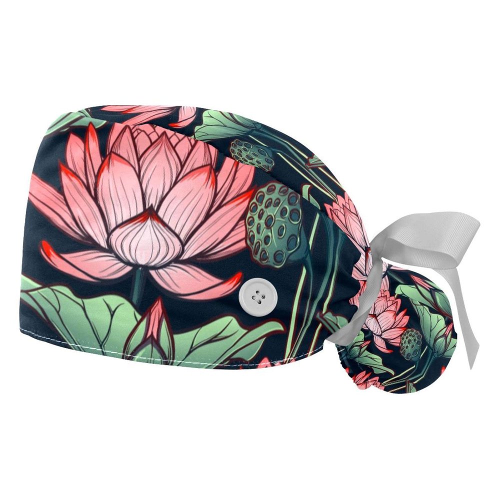 2Pcs Nurse Scrub Caps Women Long Hair, Summer Lotus Patterns Adjustable Working Cap with Button and Sweatband Multicoloured