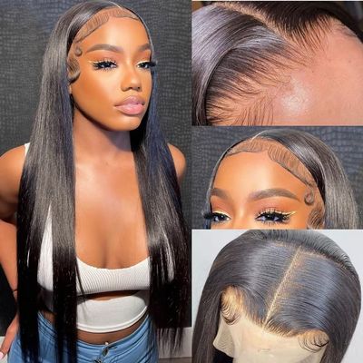 13x6 HD Transparent Lace Front Human Hair Wigs Straight 150% Density Pre Plucked Natural Hairline Bleached Knots Brazilian Virgin Hair With Baby Hair Natural Color for Black Women 16 Inch