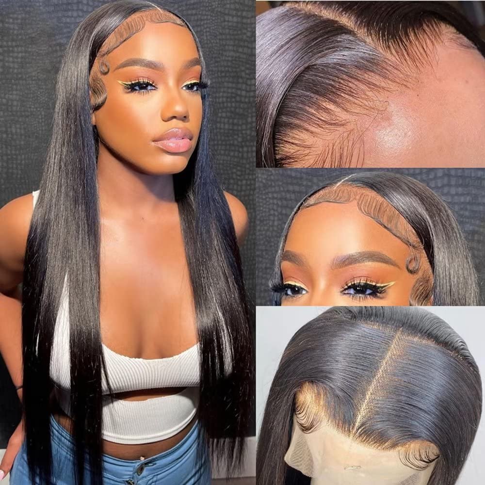 13x6 HD Transparent Lace Front Human Hair Wigs Straight 150% Density Pre Plucked Natural Hairline Bleached Knots Brazilian Virgin Hair With Baby Hair Natural Color for Black Women 16 Inch